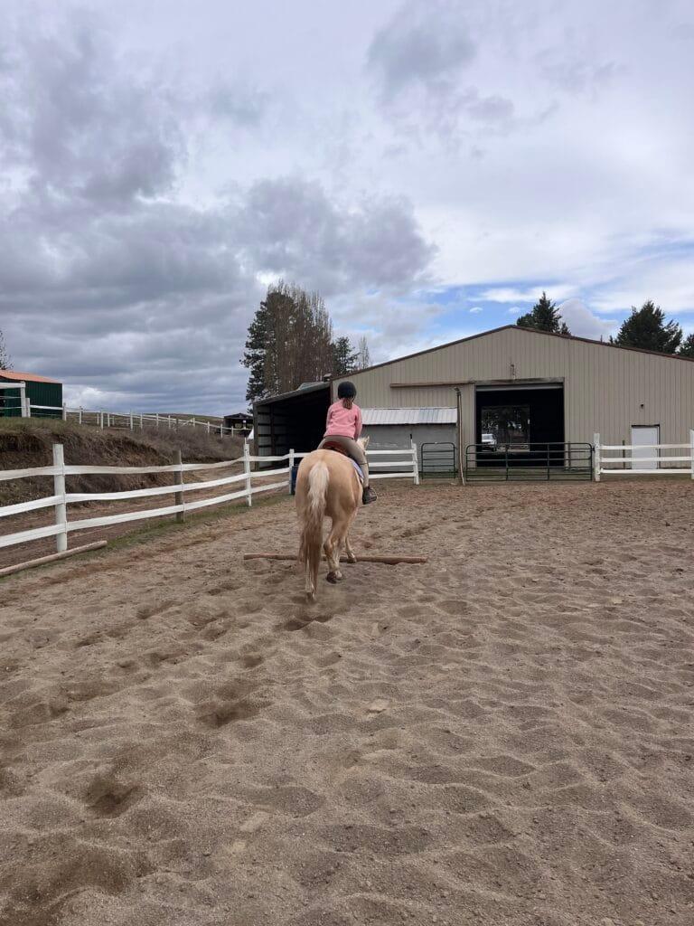 Young rider on a palomino horse in the outdoor riding arena at Kiesling Acres in Valleyford, Washington, near the main barn.